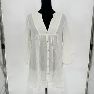 Eileen Fisher White Linen Blend 3/4 Sleeve Button Up‎ Blouse Boxy Top Medium